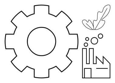 Büyük teçhizat, üç yapraklı bitki, fabrika baloncukları. Sürdürülebilirlik, yeşil enerji, endüstriyel yenilik, çevre dostu üretim, üretim süreçleri, endüstriyel ekoloji temiz