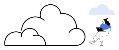 Dizüstü bilgisayarda oturan ve çalışan bir kadın, yanında bulut çizimleri. Uzak çalışma, bulut hesaplama, dijital göçebelik, çevrimiçi iş, teknoloji çözümleri, veri depolama, İnternet kullanımı için ideal