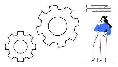 Şekil iki dişlinin yanında duruyor, bu da problem çözme ve yeniliğe işaret ediyor. Kitaplar bilgiyi sembolize eder. Beyin fırtınası, mekanik, entelektüel çaba, strateji ve eğitim için ideal