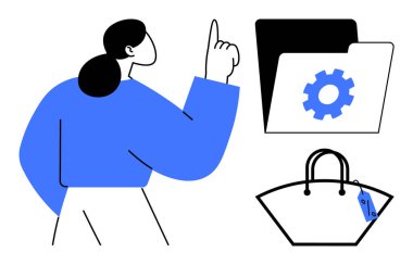 Kadın parmağını kaldırıyor, bir fikri ya da çözümü sembolize ediyor. Vites simgesine sahip dizin, ayarları veya yapılandırmayı temsil ediyor. Fiyat etiketli alışveriş torbası, ticareti ya da satın almayı gösteriyor. İş için ideal