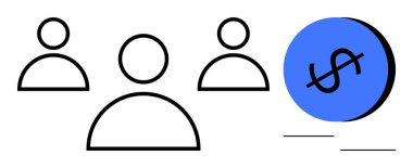 Üzerinde kesik olan mavi dolar işareti olan üç siyah insan figürü. İşbirliği, maliyet azaltma, takım çalışması, mali planlama, bütçe yönetimi, ekonomik strateji, kaynak