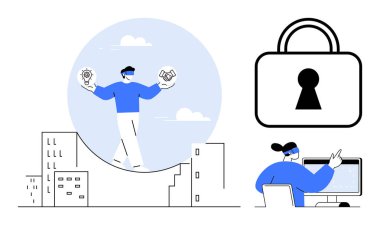 Şehirdeki para ve ampulü dengeleyen bir iş adamı, büyük bir asma kilit, bilgisayar ekranını işaret eden biri. Teknoloji, güvenlik, iş yeniliği, çevrimiçi işlemler, veri koruması için ideal