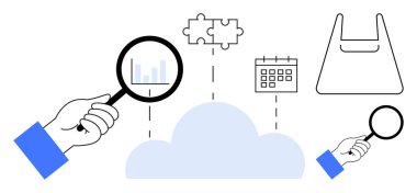 Elleri büyüteç, bulmaca parçası, takvim, alışveriş çantası, çizelge ve bulut tutuyor. İş planlaması, teknoloji entegrasyonu, sorun çözme programlama e-ticaret verileri için ideal