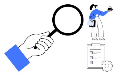 El ele tutuşan büyüteç, tableti çizelge ve grafikle inceleyen kadın, dişli ikonlu pano kontrol listesi. Araştırma, analiz, verimlilik, kalite kontrol, proje yönetimi, veri için ideal