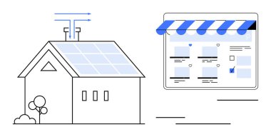 Güneş panelleri olan bir ev çevrimiçi bir alışveriş mağazasına bağlı. Sürdürülebilirlik, e-ticaret, akıllı evler, yenilenebilir enerji, çevrimiçi perakende, teknoloji entegrasyonu, çevre dostu yaşam için ideal