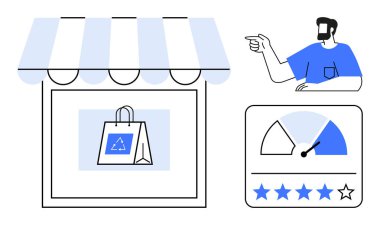 Çevre dostu alışveriş çantası, reyting göstergesini gösteren bir adam ve yıldız derecelendirme sistemi olan bir mağaza. Sürdürülebilirlik, e-ticaret, müşteri geri bildirimi, reytingler, online alışveriş için ideal