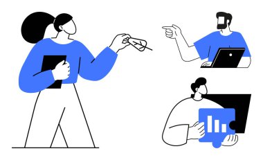 İş ekibi işbirliği yapıyor, bir figür kağıtları tutuyor, diğeri dizüstü bilgisayar kullanıyor, üçüncüsü ise veri sunuyor. Takım çalışması, veri analizi, proje yönetimi, strateji, iletişim toplantıları için ideal