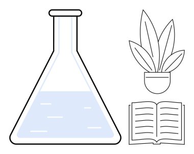 Laboratuvar matarası sıvı dolu, saksıda çoklu yapraklar ve açık bir kitap. Bilim eğitimi için ideal, biyolojik çalışmalar, çevre araştırmaları, akademik öğrenim