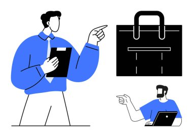 Elinde bir pano tutan bir işadamı evrak çantasını işaret ederken, dizüstü bilgisayarlı başka bir profesyonel de aynı yöne işaret ediyor. Takım çalışması, verimlilik, ofis kurulumu, iş toplantıları için ideal