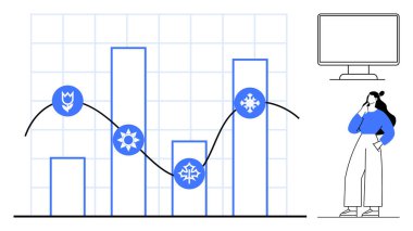 Kadın, kış, bahar, yaz, sonbahar ikonları ve bilgisayar ekranlarıyla çizelgeyi analiz etti. Veri analizi, mevsimsel eğilimler, iş tahminleri, iklim çalışması dijital araçlar görselleştirme için ideal
