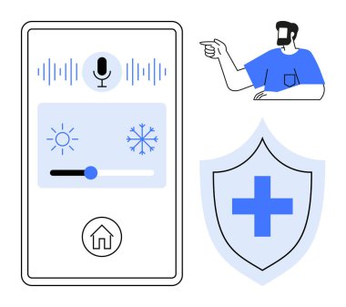Ses kontrollü akıllı ev arayüzü mikrofon, dalga formu, ısı kaydırıcı, ev ikonu, işaret eden kişi ve tıbbi haçlı güvenlik kalkanı. Ev otomasyonu, güvenlik ve sağlık için ideal