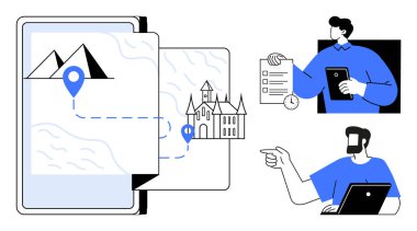 Tablet, dağ ve yapı simgelerinin yer aldığı bir harita gösteriyor. Bir tablet, kontrol listesi ve haritayı gösteren iki kişi. Seyahat planı, navigasyon ve takım için ideal