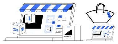 Dizüstü bilgisayarda ürün simgeleri, alışveriş arabası ve vitrin tenteleri var. Etiketli bitişik alışveriş çantası. E-ticaret, dijital pazarlama, çevrimiçi alışveriş, perakende, iş için ideal