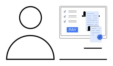 Bilgisayar ekranı dijital faturayı, kontrol listesini, Ödeme düğmesini, makbuzu, beyaz arkaplanda kullanıcı simgesini gösteriyor. Finans, e-ticaret, çevrimiçi işlemler, fatura yönetimi dijital için ideal
