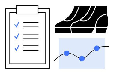 Mavi işaretli kontrol listesi, siyah çizmeler ve mavi noktalı bir çizgi grafiği. Üretkenlik, görev yönetimi, proje planlaması, verimlilik analizi, performans izleme, iş akışı için ideal