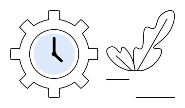 Minimalist elleri çizgi çizilmiş yaprak ile eşleştirilmiş dişli saat. Üretkenlik, zaman yönetimi, büyüme, gelişme, verimlilik, doğa, denge için idealdir. Bu basit modern tasarım