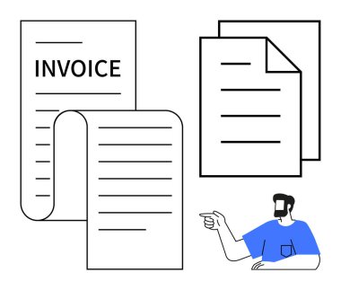 Fatura ve belgeleri işaret eden bir adam, finansal işlemleri, evrak yönetimini vurguluyor. Muhasebe, finans, iş organizasyonu, fatura sistemleri, ofis işleri için ideal