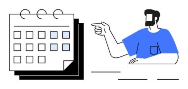 Adam takvimi gösteriyor, önemli tarihleri gösteriyor. Organizasyon için ideal, hatırlatmalar, atamalar, teslim tarihleri, zaman yönetimi, verimlilik rutin planlama. Temiz ve modern soyut çizgi