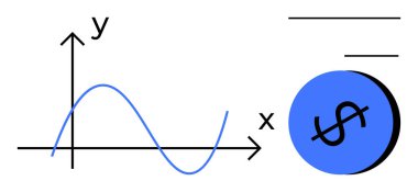 XY eksenlerindeki mavi sinüs dalgası ve mavi çemberdeki dolar işareti finansal eğilimleri temsil ediyor. Ekonomik veriler, borsa, mali büyüme, istatistik, iş analizi, yatırımlar, eğitim için ideal