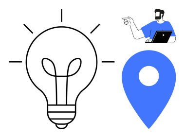 Mavi lokasyon iğnesi ve dizüstü bilgisayar kullanırken işaret eden kişinin yanında yenilik anlamına gelen ampul. Yaratıcılık, strateji, teknoloji, navigasyon, beyin fırtınası, girişimler, ilham için ideal