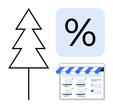 Noel ağacı simgesi, yüzde indirim sembolü ve dijital mağaza arayüzünün yanında. Tatil satış kampanyaları, mevsimlik promosyonlar, e-ticaret pazarlaması, çevrimiçi alışveriş, perakende satış için ideal