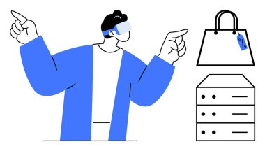 VR kulaklık takan erkek figürü, etiketli ve çekmeceli bir alışveriş çantasının simgelerini işaret ediyor. Çevrimiçi alışveriş için ideal, VR teknolojisi, e-ticaret, dijital depolama, modern perakende, teknoloji