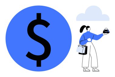 Bir elinde alışveriş torbası, bir elinde hediye arka planda büyük boy dolar işareti ve yüzen bulut. Perakende satış, tüketici harcamaları, alışveriş eğilimleri, bütçe planlaması için ideal