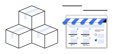 Alışveriş ikonlarının olduğu bir dijital mağazanın yanında istiflenmiş üç kutu e-ticareti, çevrimiçi alışverişi, nakliye lojistiğini, dijital pazarlamayı, ambalajı, küçük işletmeleri, perakendeciyi destekliyor. İdeal