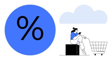 Kadın müşteri telefonuna bakıyor, alışveriş arabasının yanındaki kutunun üzerinde oturuyor. Büyük mavi yüzde işareti ve açık mavi bulut. E-ticaret, çevrimiçi alışveriş, indirimler, satışlar, tüketiciler için ideal