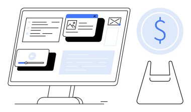 Çeşitli unsurları gösteren masaüstü monitörü e- postaları, resimleri, metinleri ve videoyu onaylıyor. Dolar işaretli alışveriş torbası. Dijital pazarlama, e-ticaret, çevrimiçi alışveriş ve teknoloji eğilimleri için ideal