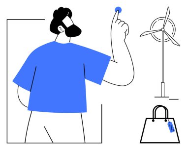 Man pointing upwards beside wind turbine and shopping bag with tag. Ideal for sustainability, renewable energy, eco-shopping, environmental awareness, minimalist design, conscious consumption, modern clipart