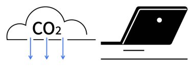 Bulut karbondioksit yayıyor, aşağıya bakan oklar dizüstü bilgisayarın yanında. Çevresel farkındalık, dijital karbon ayak izi, iklim değişikliği, teknoloji etkisi, çevrimiçi faaliyetler, sürdürülebilirlik için ideal