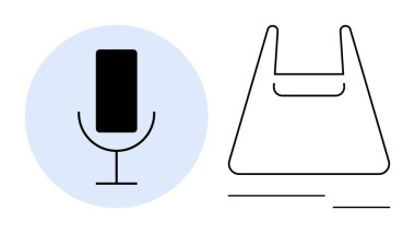 Mavi bir çemberin içindeki bir mikrofon standındaki akıllı telefon. Minimalist bir alışveriş çantasının yanında. Teknoloji, iletişim, çevrimiçi alışveriş, dijital pazarlama, e-ticaret, perakende satış için ideal