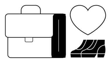 Basit bir evrak çantası, kalp ve ayakkabı çizimi. İş hayatı dengesi, kariyer, sağlık, fitness, minimalizm yaşam tarzı refah kavramları için idealdir. Temiz siyah-beyaz soyut çizgi