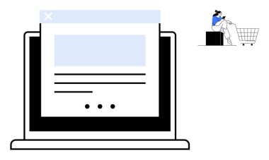 Bilgisayarda bir web sayfası var. Yanında alışveriş arabasıyla oturan biri var. Telefonunu karıştırıyor. E-ticaret, çevrimiçi alışveriş, dijital pazarlama, müşteri yolculuğu, web arayüzleri için ideal