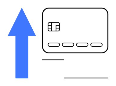 Sol tarafında büyük mavi bir ok olan kredi kartı, finansal büyüme ve ilerleme gösteriyor. Finans, bankacılık, yatırım, e-ticaret, kredi yönetimi, ödeme çözümleri için ideal