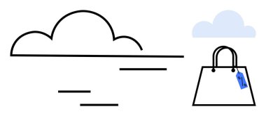 Satır elementlerinin üzerinde ve minimalist çizgi sanatında fiyat etiketli alışveriş çantasının yanında bulut var. Teknoloji, e-ticaret, çevrimiçi alışveriş, internet, dijital dönüşüm, bulut için ideal