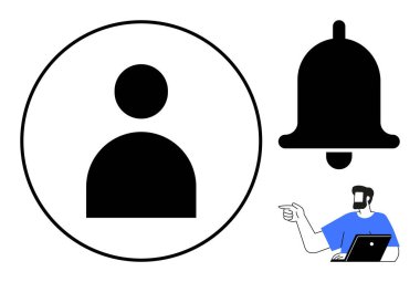 Çember içinde bir uyarı çanı simgesinin yanında kullanıcı profili simgesi ve dizüstü bilgisayarı işaret eden biri. Uygulamalar, kullanıcı arayüzü, bildirimler, hesap ayarları, sosyal medya, dijital