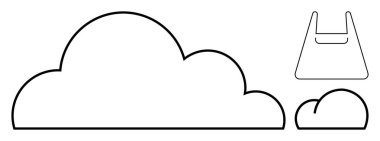 Farklı boyutlarda bulut şekilleri ve bir çanta taslağı. Çevre dostu, çevresel farkındalık, minimalizm, basitlik, soyut, kavramsal sanat ve modern tasarım temaları için idealdir. Siyah çizgi