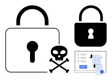Büyük asma kilit, küçük asma kilit, kafatası ve çapraz kemikler ve ödeme belgeleriyle dolu bir kontrol listesi fidye tehdidi taşıyor. Siber güvenlik, veri koruması, hackleme, internet güvenliği için ideal