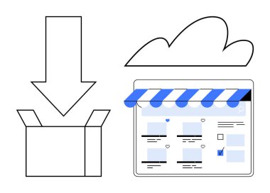 Bulut depolama simgesiyle e-ticaret mağazası önü, açık kutunun üzerine ok indir, çeşitli ürün resimleri. Dijital pazarlama, çevrimiçi alışveriş, bulut entegrasyonu, e-ticaret çözümleri, dijital