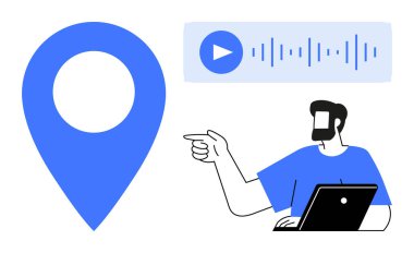 Dizüstü bilgisayarı olan adam ses kaydını ve konum sembollerini gösteriyor. Dijital iletişim, teknoloji, iş verimliliği, uzaktan işbirliği, çevrimiçi navigasyon, ses özellikleri, sanal
