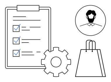 Kontrol listesi, vites sembolü, alışveriş çantası ve erkek kullanıcı profili simgesi olan pano. İş stratejisi, proje yönetimi, e-ticaret, görev tamamlama, kullanıcı tanımlama alışverişi için ideal