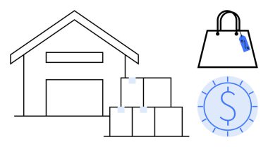 Depo binası istiflenmiş kutular depolama, alışveriş torbası perakende satış için dolar sembolü finansal işlemleri temsil ediyor. E-ticaret, perakende, lojistik ve tedarik zinciri için ideal