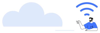 Adam üzerinde mavi kablosuz sinyal olan büyük bir bulutu işaret ediyor. Bulut hesaplama, internet bağlantısı, kablosuz iletişim, veri depolama, uzaktan erişim, ağ oluşturma, teknoloji için ideal