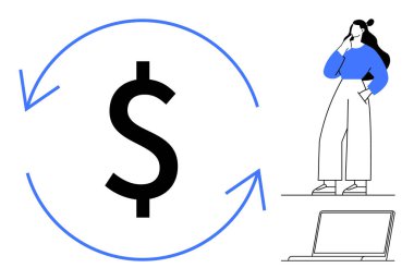 Dairesel oklu dolar sembolü finansal döngüyü gösteriyor. Mavi bluzlu kadın dizüstü bilgisayarın yanında düşünüyor. Finans, ekonomi, iş stratejisi, e-ticaret, yatırım, finans için ideal