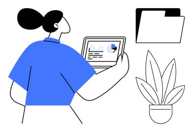 Tablet tutan bir kadın, bir dosya klasörünün ve saksı bitkisinin yanında veri tablosu gösteriyor. İş, ofis işi, organizasyon, veri analizi, üretkenlik, modern işyeri ve teknoloji için ideal