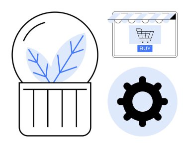 Kavanozdaki yaprak çevre dostu ürünleri, alışveriş arabalarıyla internet mağazası önü çevrimiçi alışverişi, çark ise sistem ayarlarını sembolize ediyor. Sürdürülebilirlik, e-ticaret ve teknoloji için ideal