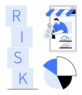 Kutular dolusu RISK harfleri, akıllı telefondan insan alışveriş torbası, pasta grafiği. İş stratejisi, e-ticaret, veri analizi, mali planlama, perakende risk, tüketici davranışı için ideal