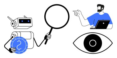 Robot elinde büyüteç ve bozuk para, dizüstü bilgisayarı olan insan, büyük göz simgesi. Yapay zeka, veri analizi, teknolojik yenilik, makine öğrenimi, siber güvenlik, finansal teknoloji araştırması için ideal